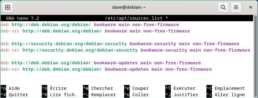Le fichier sources.list par défaut pour Debian 12